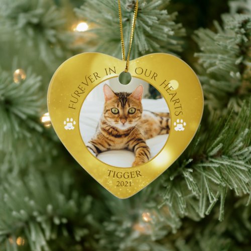Cat Memorial FUREVER IN OUR HEARTS Photo Keepsake Ceramic Ornament
