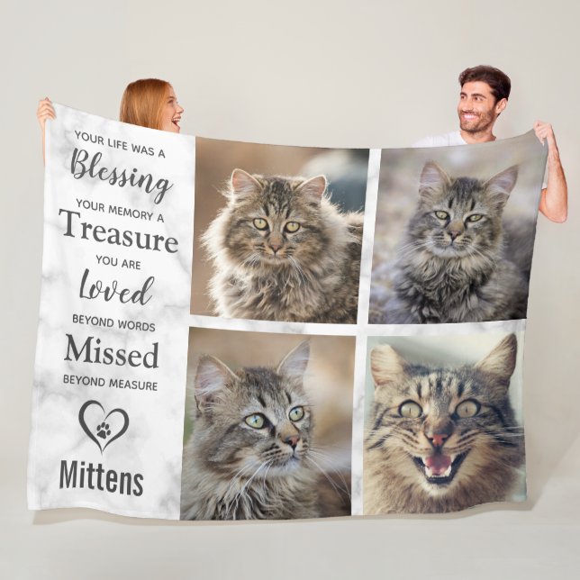 Cat Memorial Pet Loss Photo Collage Fleece Blanket (In Situ)
