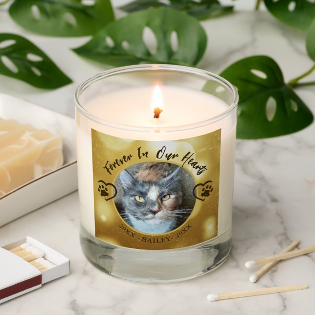 Cat Memorial Photo Heart Pawprints Gold Scented Candle (Lit)