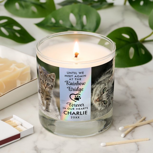 Cat Memorial Rainbow Bridge 2 Photos Scented Candle (Lit)