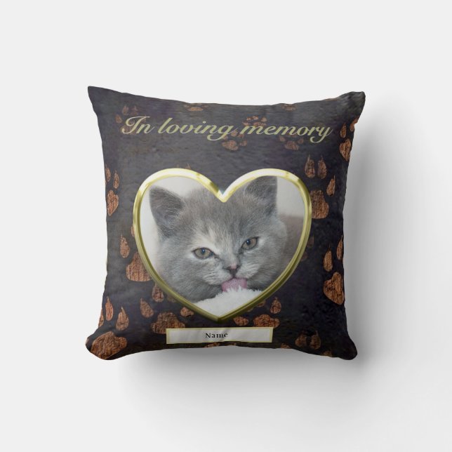 Cat Memorial Rustic Paw Print Photo Personalized Throw Pillow (Front)