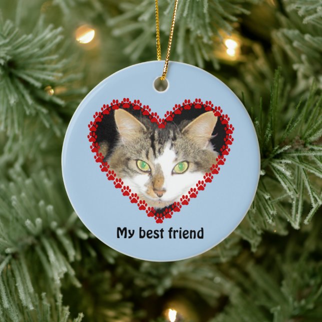 Cat memory paw prints name photo ceramic ornament (Tree)