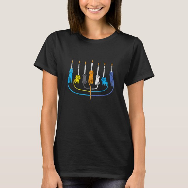 Cat Menorah Cute Jewish Kitten Hanukkah Chanukah P T-Shirt (Front)