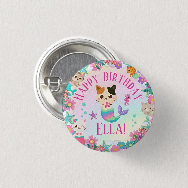 Cat Meowmaid Mermaid Girl Birthday Party  Button (Front & Back)