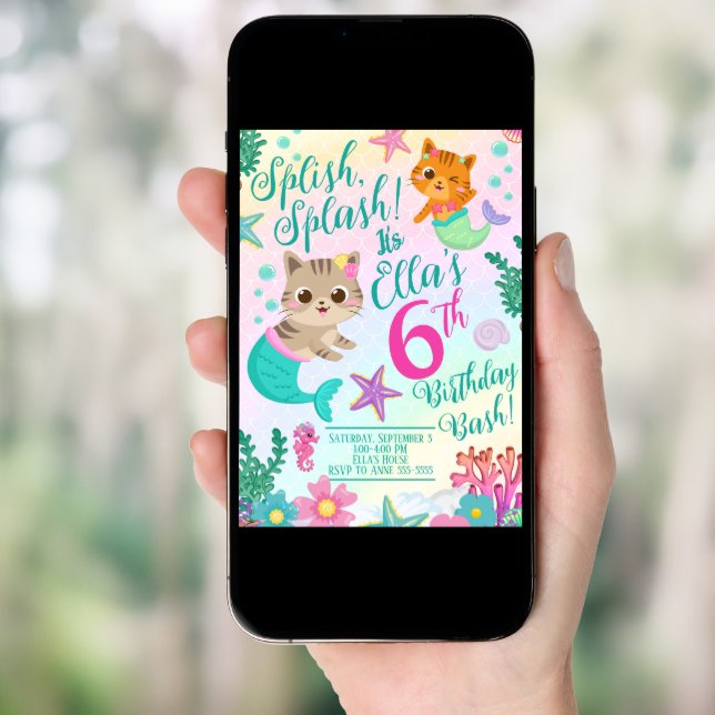 Cat Meowmaid Mermaid Girl Birthday Party  Invitation (Front Digital)