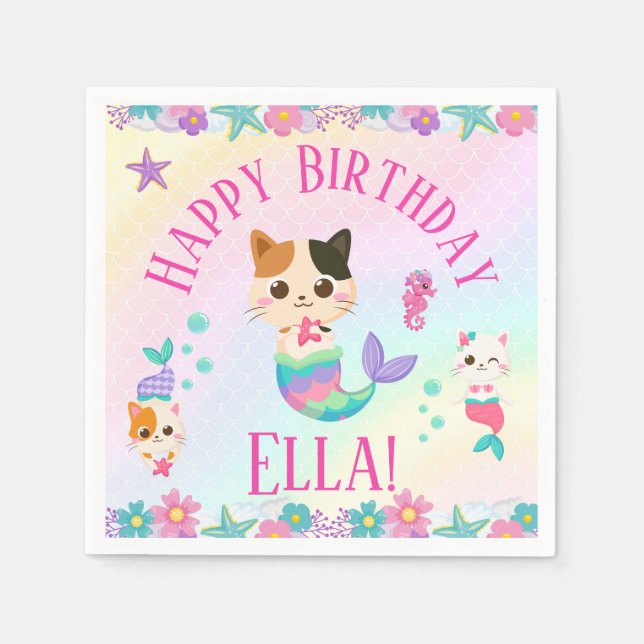 Cat Meowmaid Mermaid Girl Birthday Party  Napkins (Front)