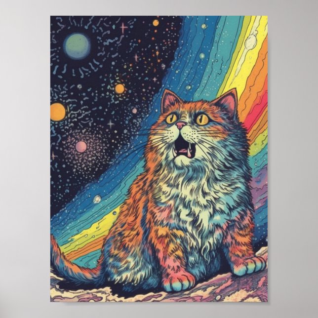 Cat Meows in space With Rainbow Poster (Front)