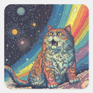 Cat Meows in space With Rainbow Square Sticker