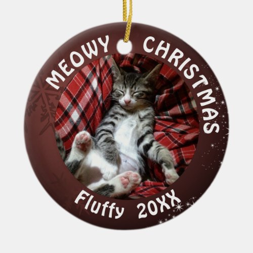 Cat Meowy Christmas 2 Photo Burgundy Ceramic Ornament