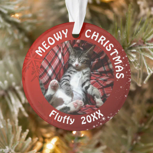 Cat MEOWY CHRISTMAS 2 Photo Name Year Red Ornament | Zazzle
