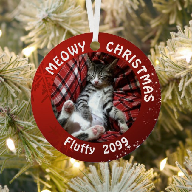 Cat MEOWY CHRISTMAS 2 Photos Name Red Metal Ornament (Insitu)
