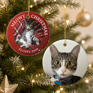 Cat Meowy Christmas 2 Photos Red Ceramic Ornament