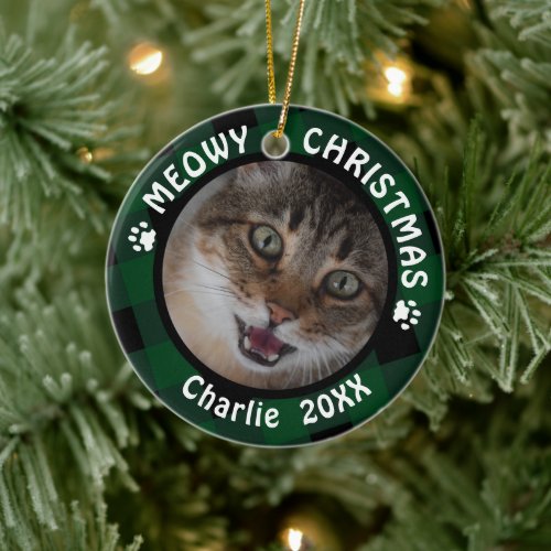Cat Meowy Christmas 2_Sided 2_Photo Green Plaid Ceramic Ornament