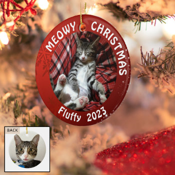 Cat "meowy Christmas" 2-sided 2-photo Red Ceramic Ornament by MakeItAboutYou at Zazzle