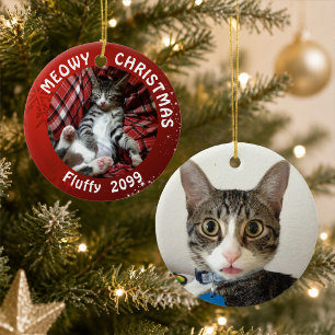 Cat "Meowy Christmas" 2-Sided 2-Photo Red Ceramic Ornament
