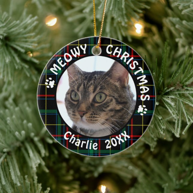 Cat MEOWY CHRISTMAS 2-Sided Christmas Plaid Ceramic Ornament (Tree)