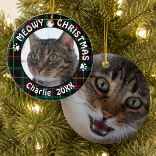 Cat MEOWY CHRISTMAS 2-Sided Christmas Plaid Ceramic Ornament