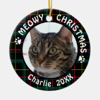 Cat MEOWY CHRISTMAS 2-Sided Christmas Plaid Ceramic Ornament