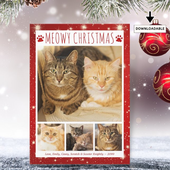 Cat MEOWY CHRISTMAS 4 Photos Red Pawprints Holiday Card (Creator Uploaded)