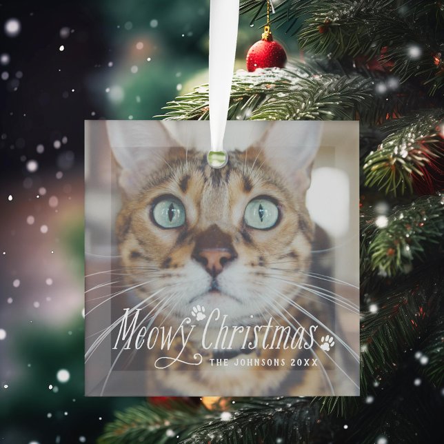 Cat Meowy Christmas Pet Holiday Photo Glass Ornament (Creator Uploaded)