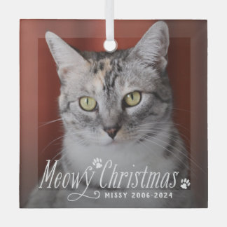 Cat Meowy Christmas Pet Memorial Photo Glass Ornament