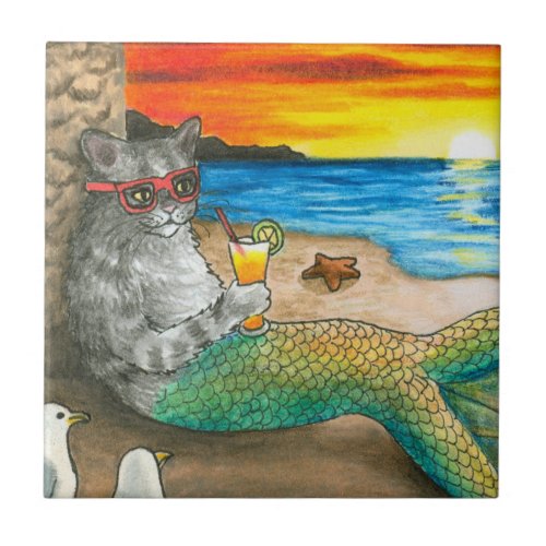 Cat Mermaid 25 Beach Sunset Ceramic Tile