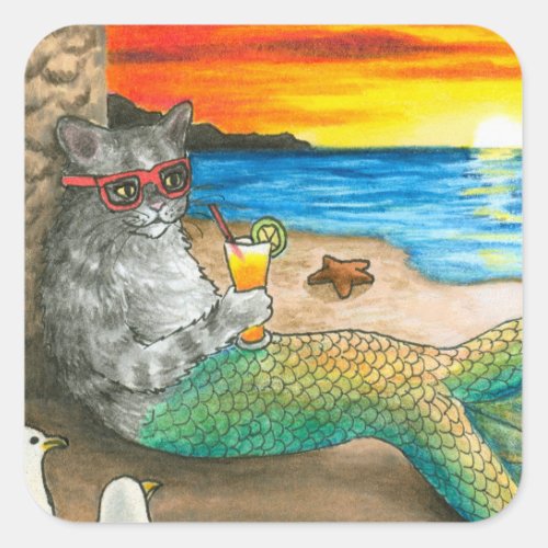 Cat Mermaid 25 Beach Sunset Square Sticker