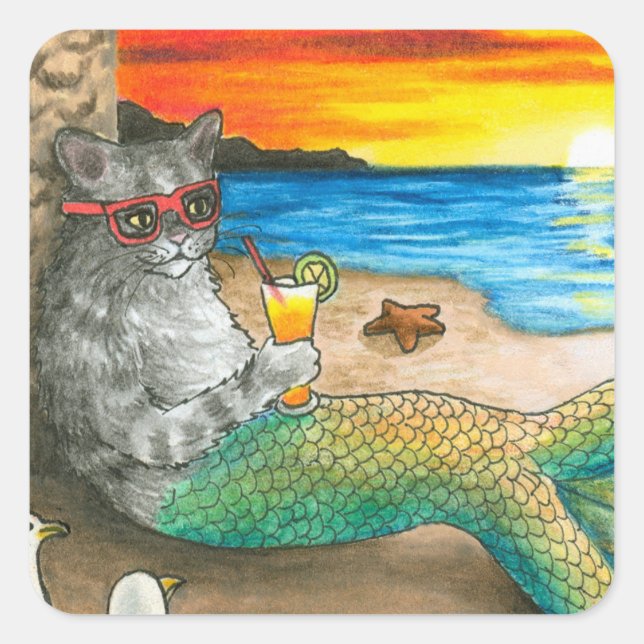 Cat Mermaid 25 Beach Sunset Square Sticker (Front)