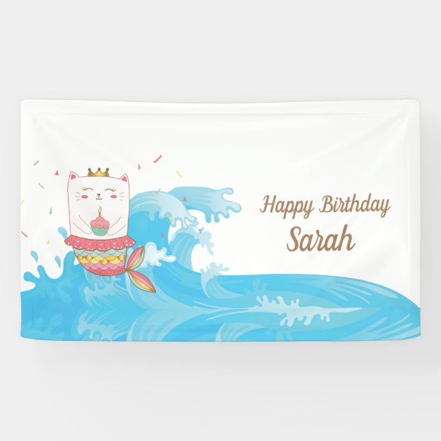 Cat mermaid birthday banner (Horizontal)