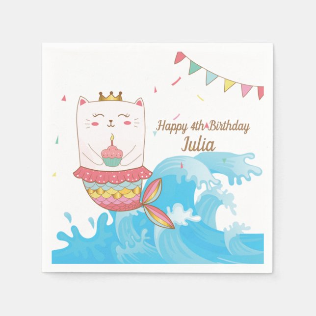 Cat mermaid birthday party napkins (Front)