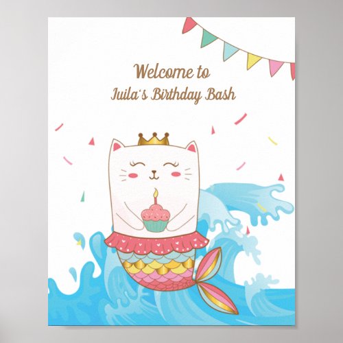 Cat mermaid birthday party welcome sign