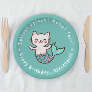 Cat Mermaid Blue Girl Birthday Purrmaid Meowmaid Paper Plates