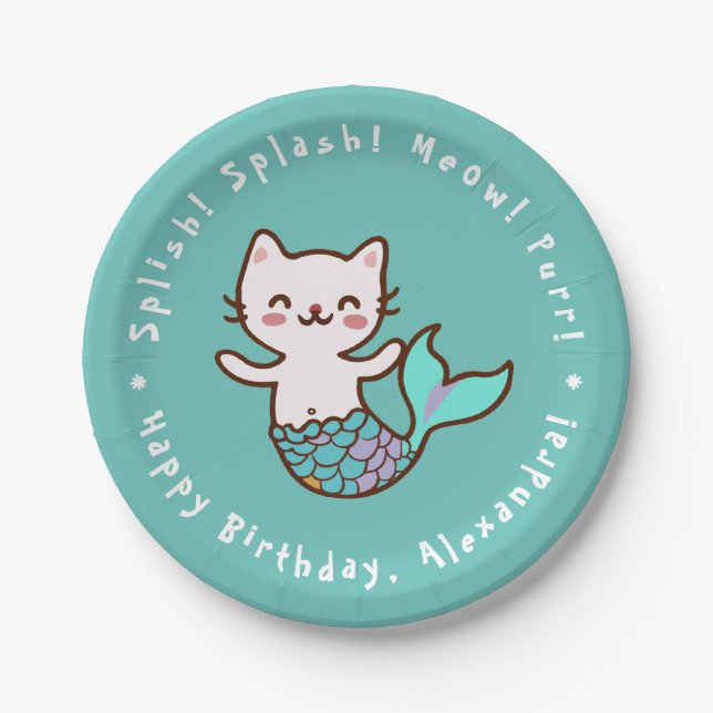 Cat Mermaid Blue Girl Birthday Purrmaid Meowmaid Paper Plates (Front)