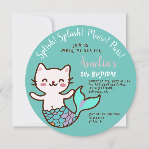 Cat Mermaid Blue Round Girl Birthday Purrmaid  Invitation