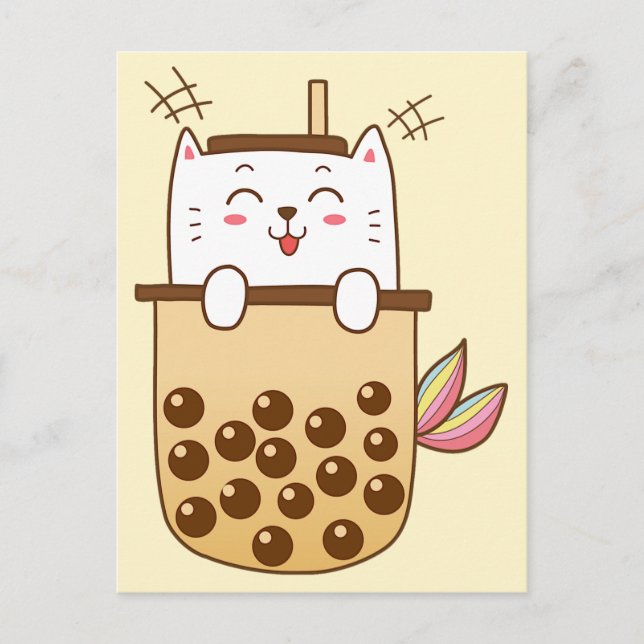 Cat Mermaid Boba Milk Tea Postcard (Front)