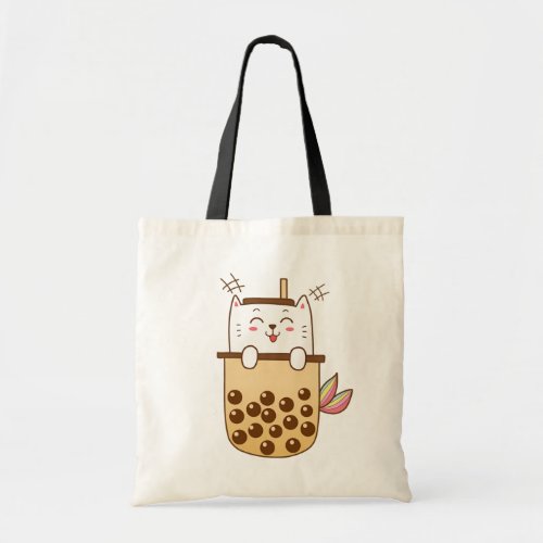 Cat Mermaid Boba Milk Tea Tote Bag