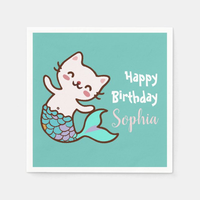 Cat Mermaid Cute Meowmaid Purrmaid  Girl Birthday Napkins (Front)