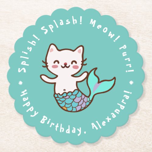 Cat Mermaid Girl Birthday Blue Meowmaid Purrmaid  Paper Coaster