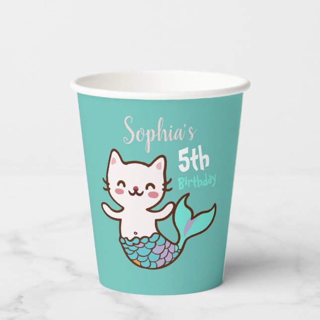 Cat Mermaid Girl Birthday Cute Purrmaid Meowmaid Paper Cups (Back)