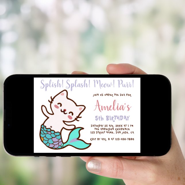 Cat Mermaid Girl Birthday Meowmaid Purrmaid Simple Invitation (Front Digital)