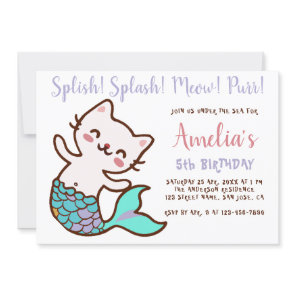 Cat Mermaid Girl Birthday Meowmaid Purrmaid Simple Invitation
