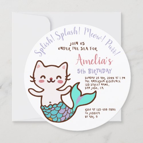 Cat Mermaid Girl Birthday Round Meowmaid Under Sea Invitation