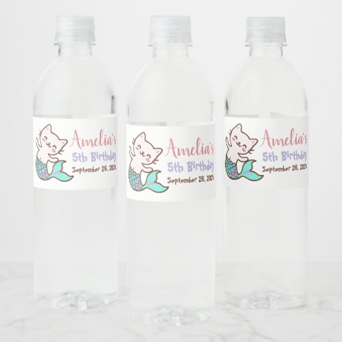 Cat Mermaid Purrmaid Cute Meowmaid Girl Birthday Water Bottle Label