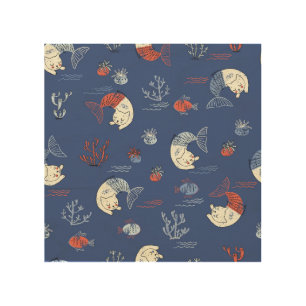 Cat mermaid, textured seamless pattern. wood wall art