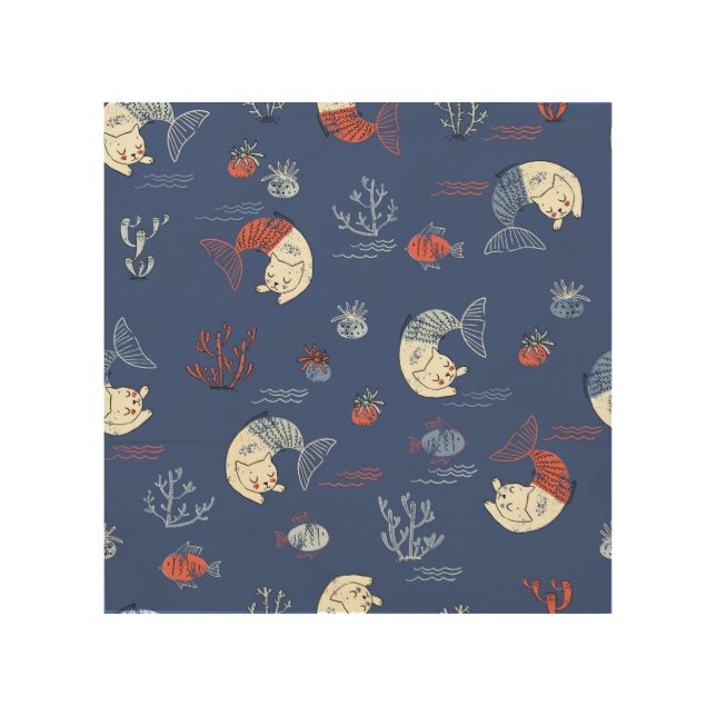 Cat mermaid, textured seamless pattern. wood wall art (Front)