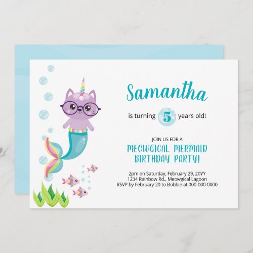 Cat Mermaid Unicorn Under the Sea Birthday Party Invitation