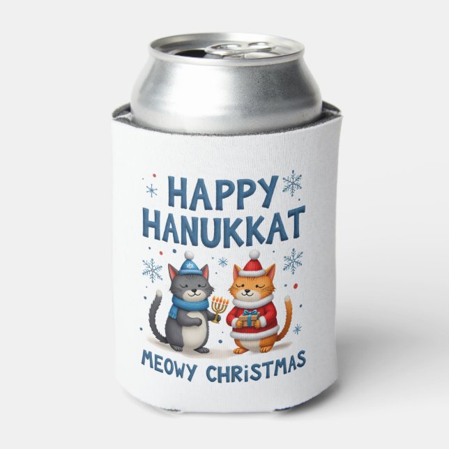 Cat Merry Christmas Happy Hanukkah Jewish Christia Can Cooler (Can Front)