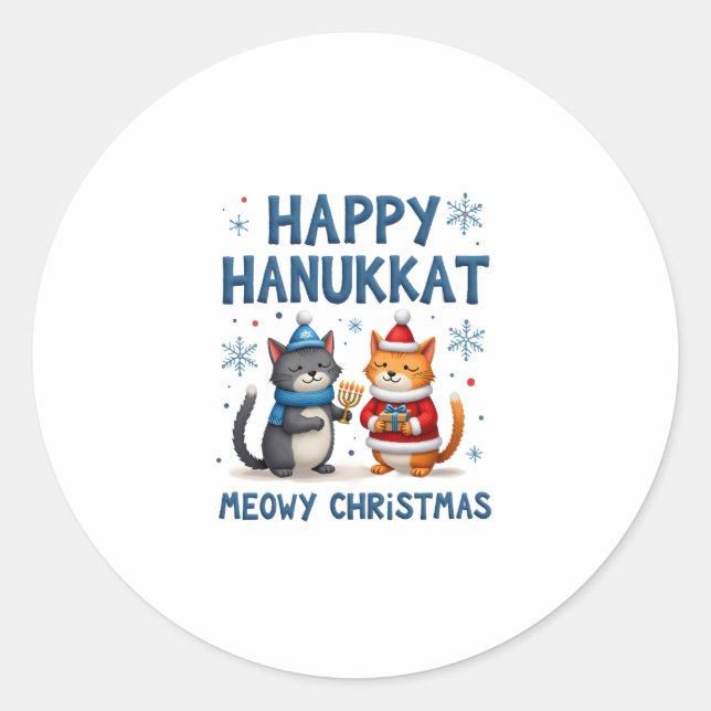 Cat Merry Christmas Happy Hanukkah Jewish Christia Classic Round Sticker (Front)