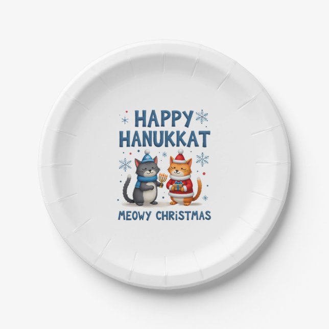 Cat Merry Christmas Happy Hanukkah Jewish Christia Paper Plates (Front)