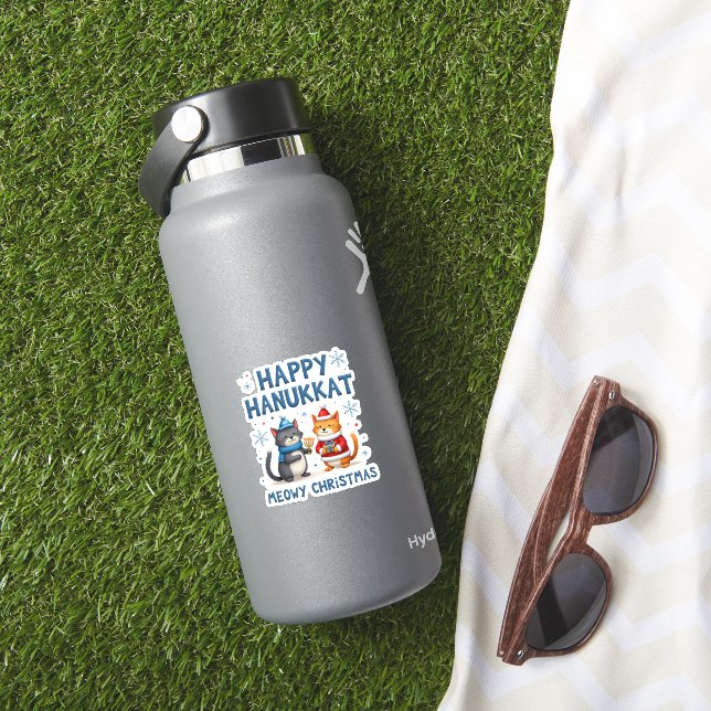 Cat Merry Christmas Happy Hanukkah Jewish Christia Sticker (HydroFlask Insitu)